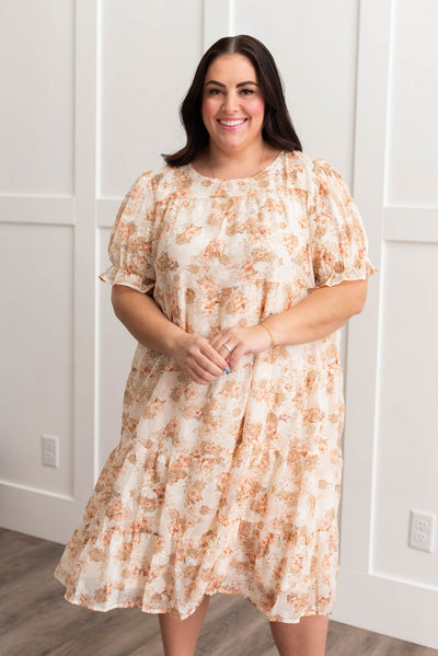 Short sleeve plus size peach floral tiered dress
