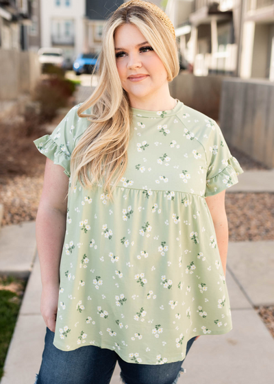 Sage floral top with ruffle on the sleeve