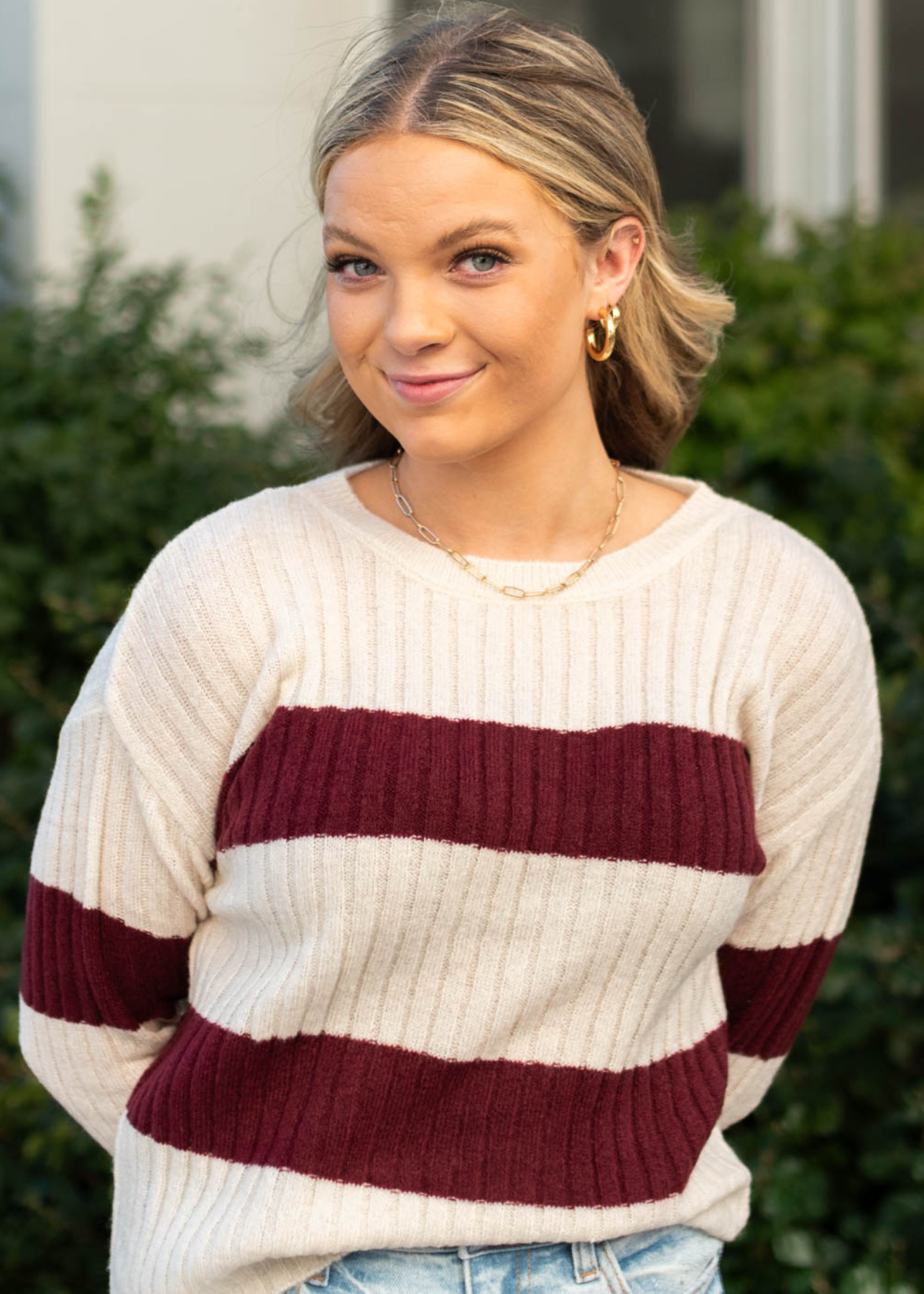 Long sleeve cream sweater with burgundy stripes 