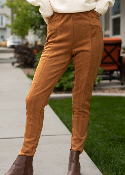 Camel suede leggings with seam up the leg