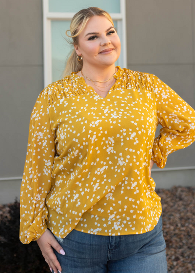 Plus size mustard ruffle blouse with long sleeves