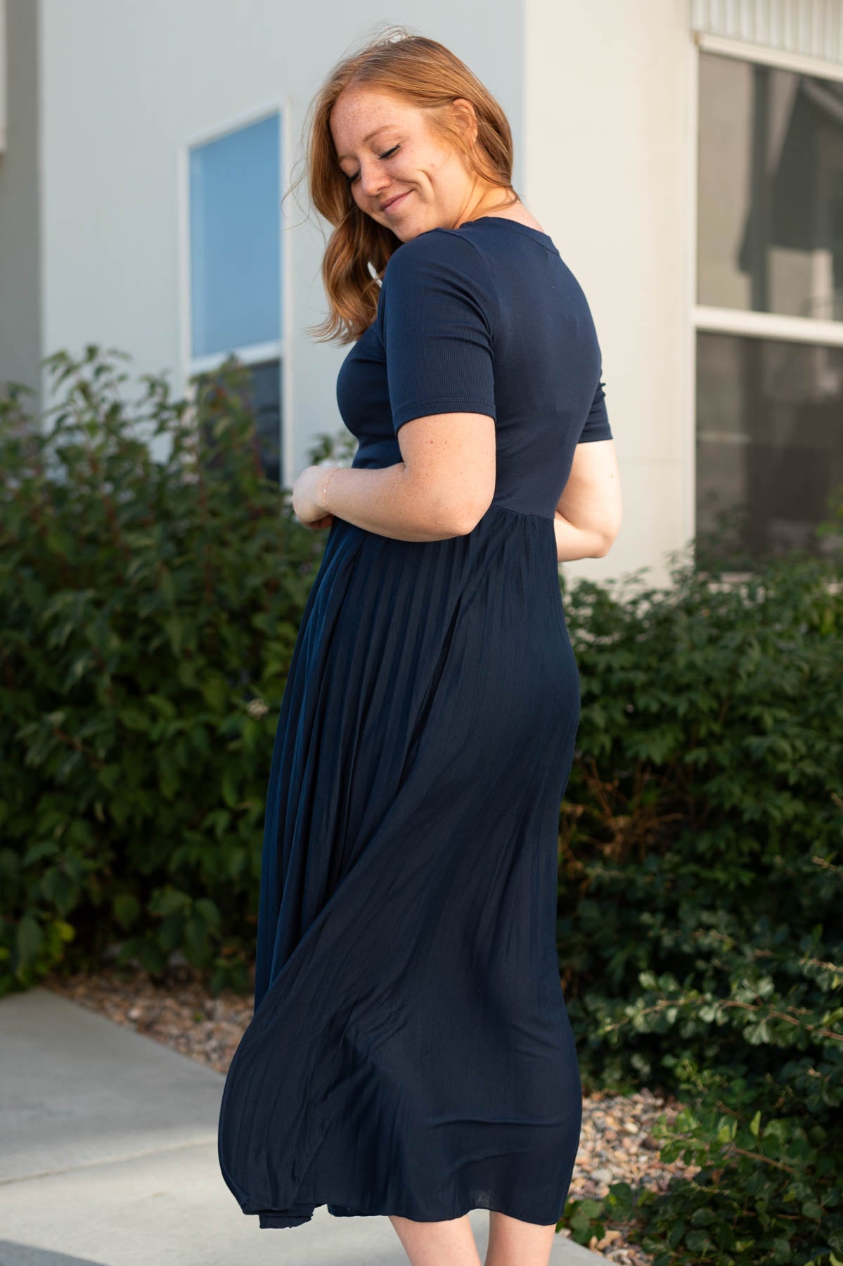 Side view of a navy dress