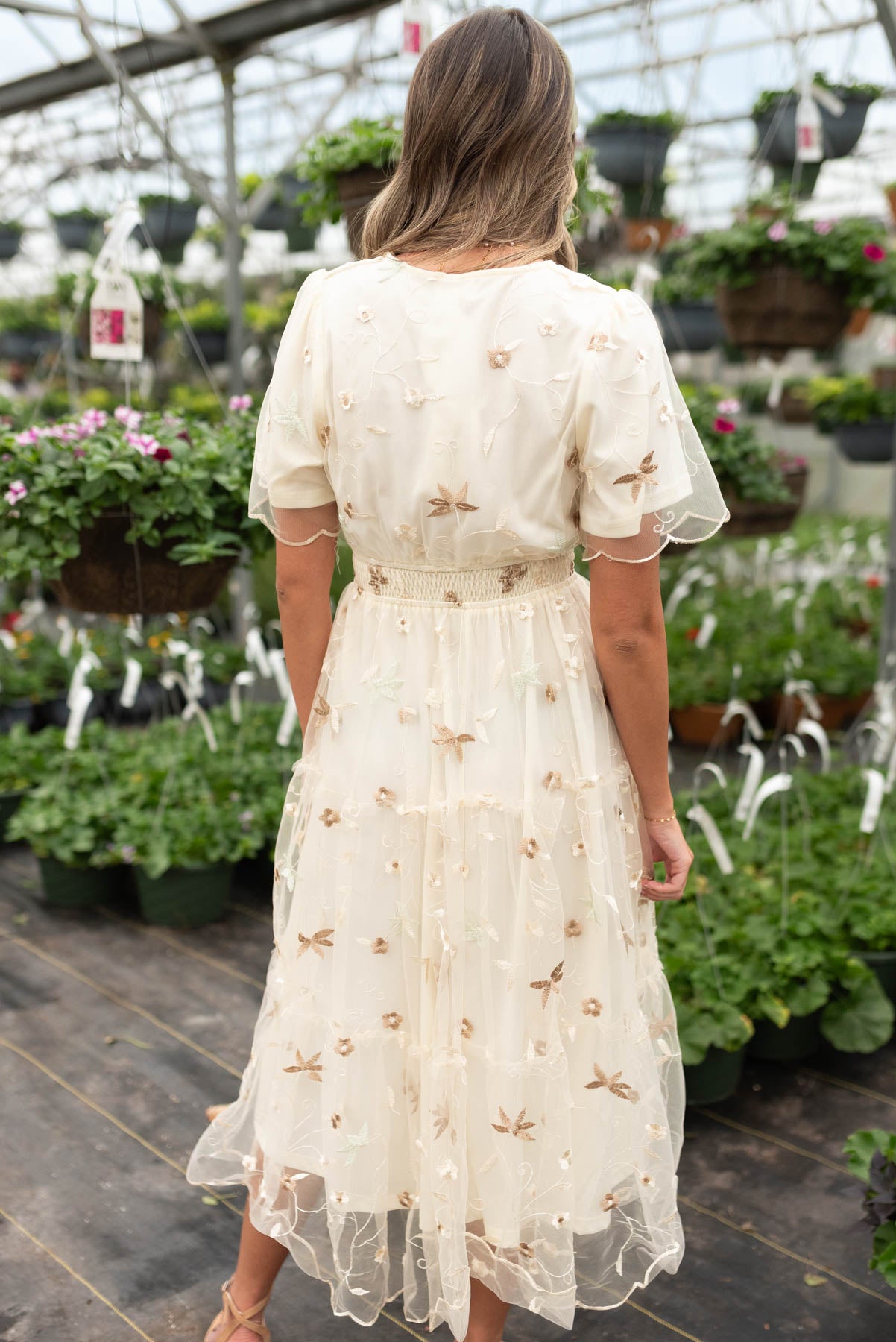 Rayleen Cream Embroidered Mesh Dress