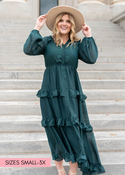 Button up hunter green tiered dress with long sleeves