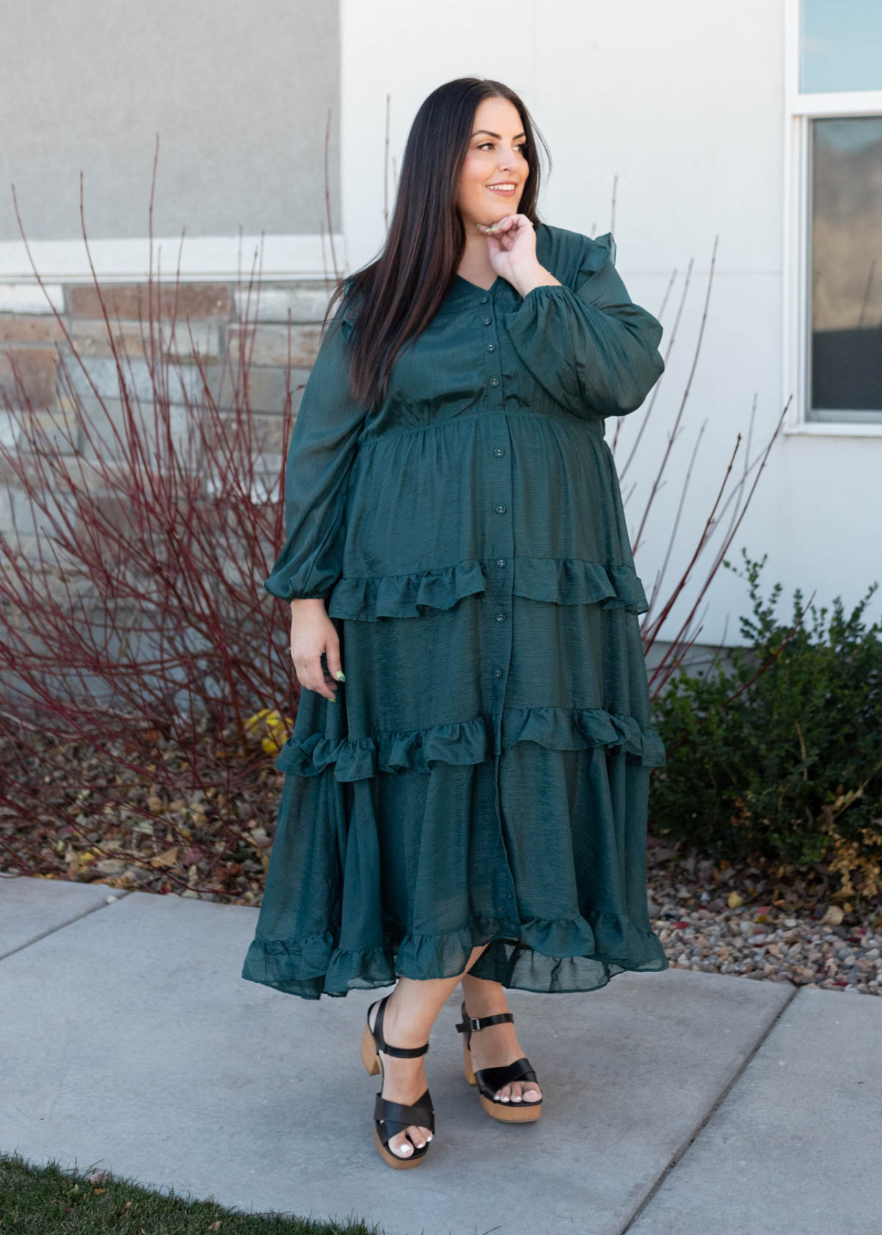 Long sleeve button up plus size hunter green tiered dress