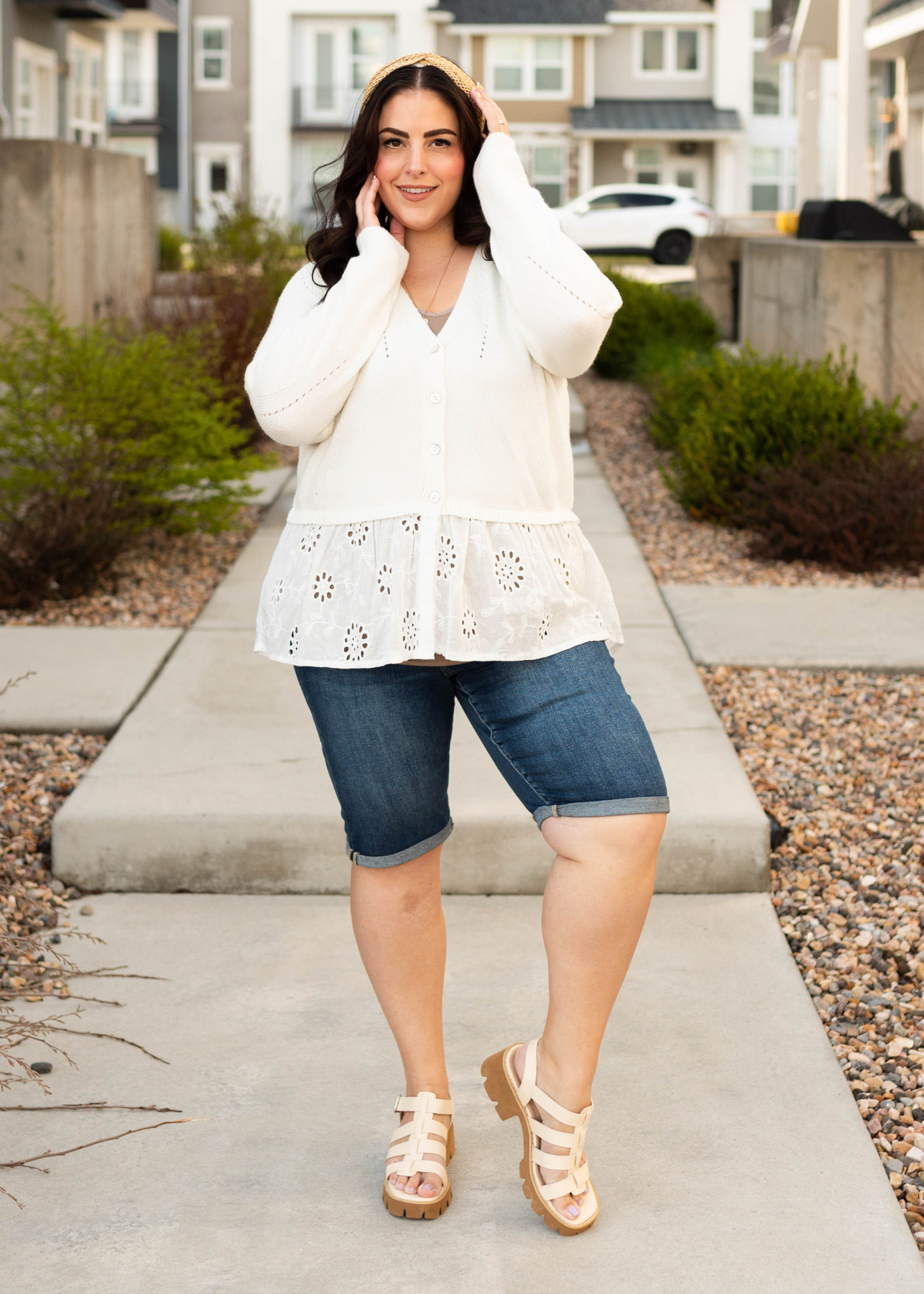 Plus size button up off white cardigan with eyelet lace hem