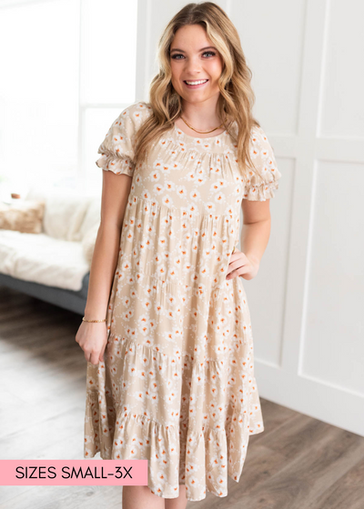 Beige floral tiered dress with short sleeves