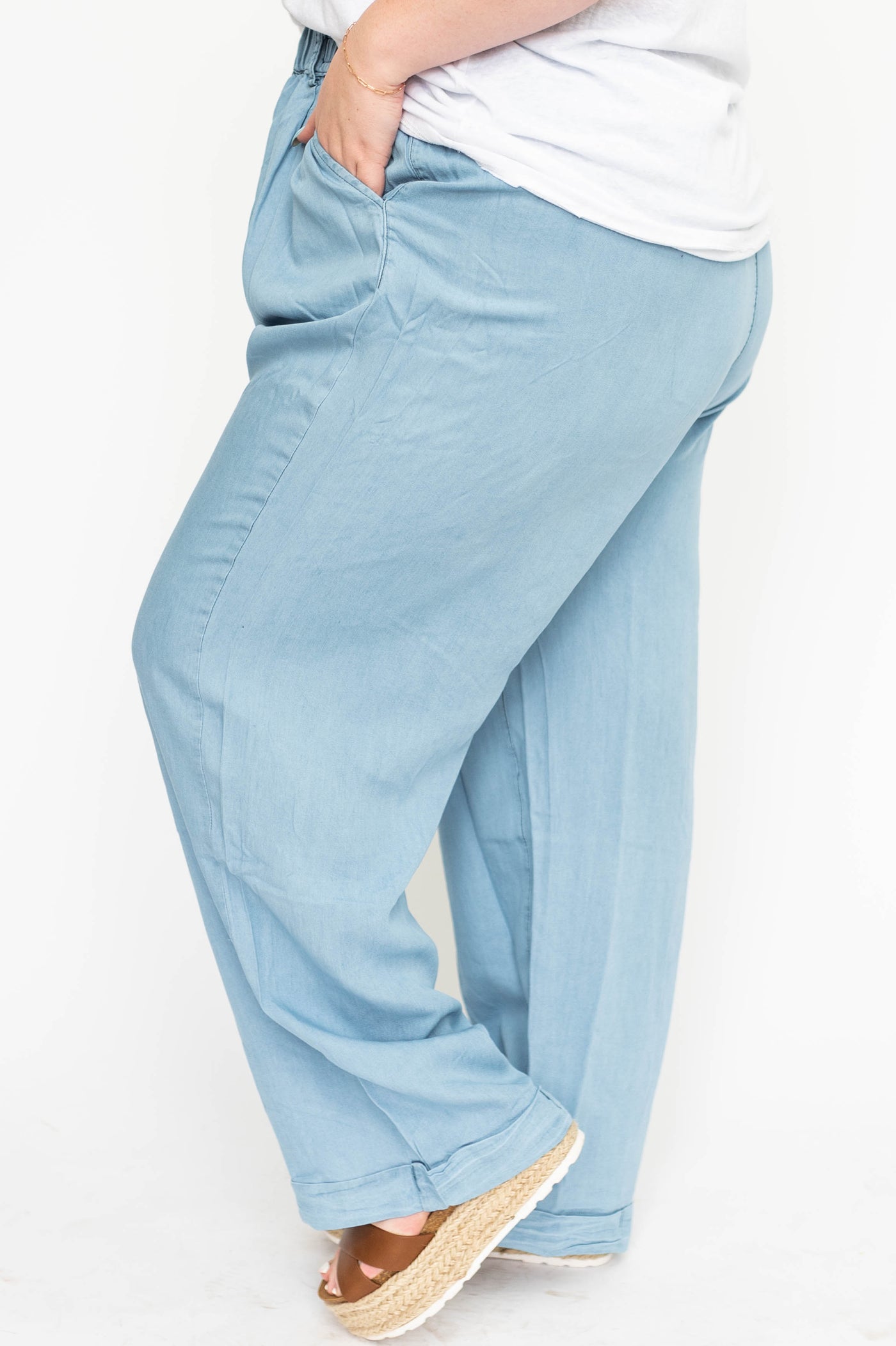 Side view of plus size light denim pants