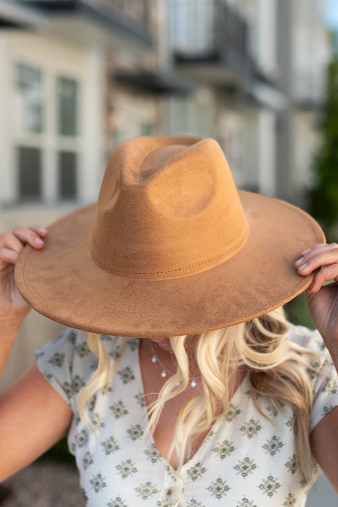 Top view of a cinnamon suede hat
