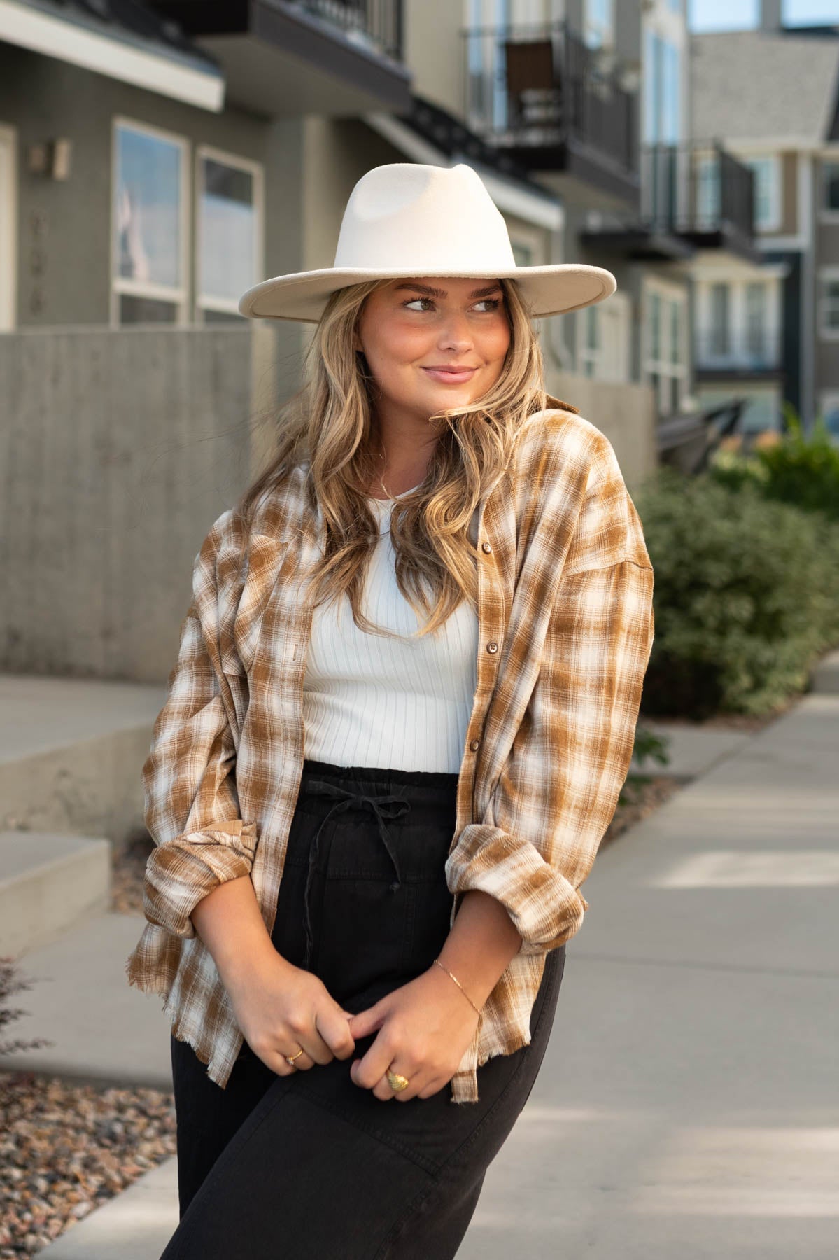Caramel button up plaid top