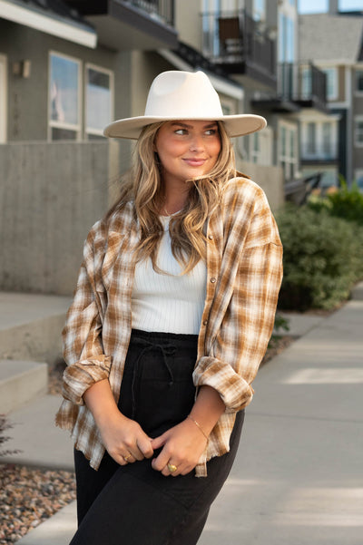 Caramel button up plaid top