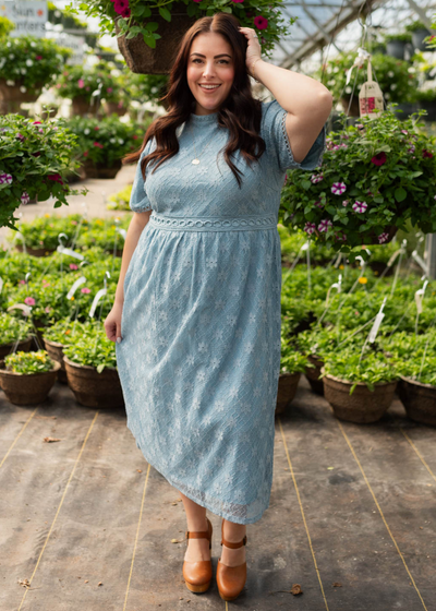 Plus size dusty blue corded lace dress with short sleeves