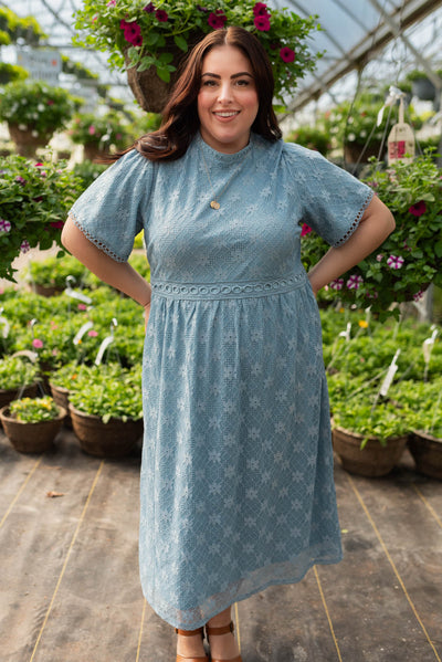 Plus size dusty blue corded lace dress with woven corded waistband 