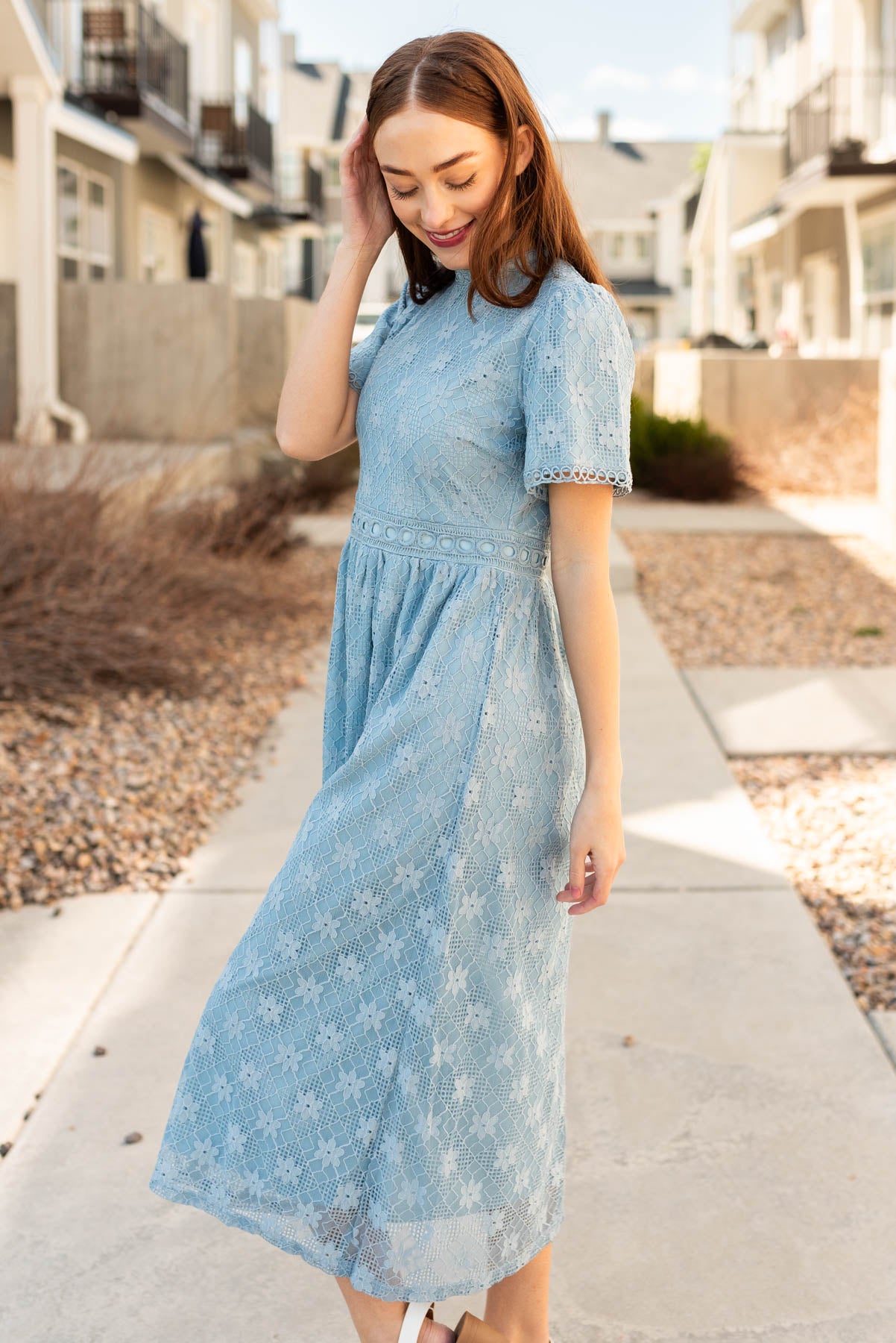 Regina Dusty Blue Corded Lace Dress