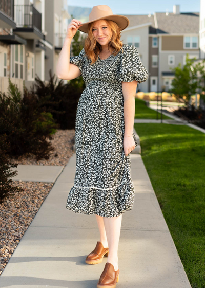 Short sleeve dark olive dress with a smocked bodice