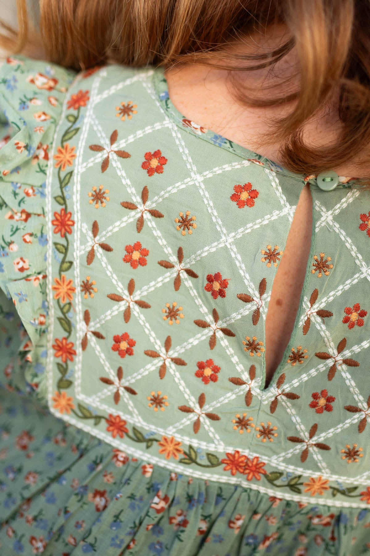 Back neck view of a sage floral top