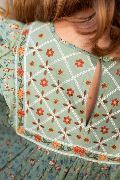Back neck view of a sage floral top
