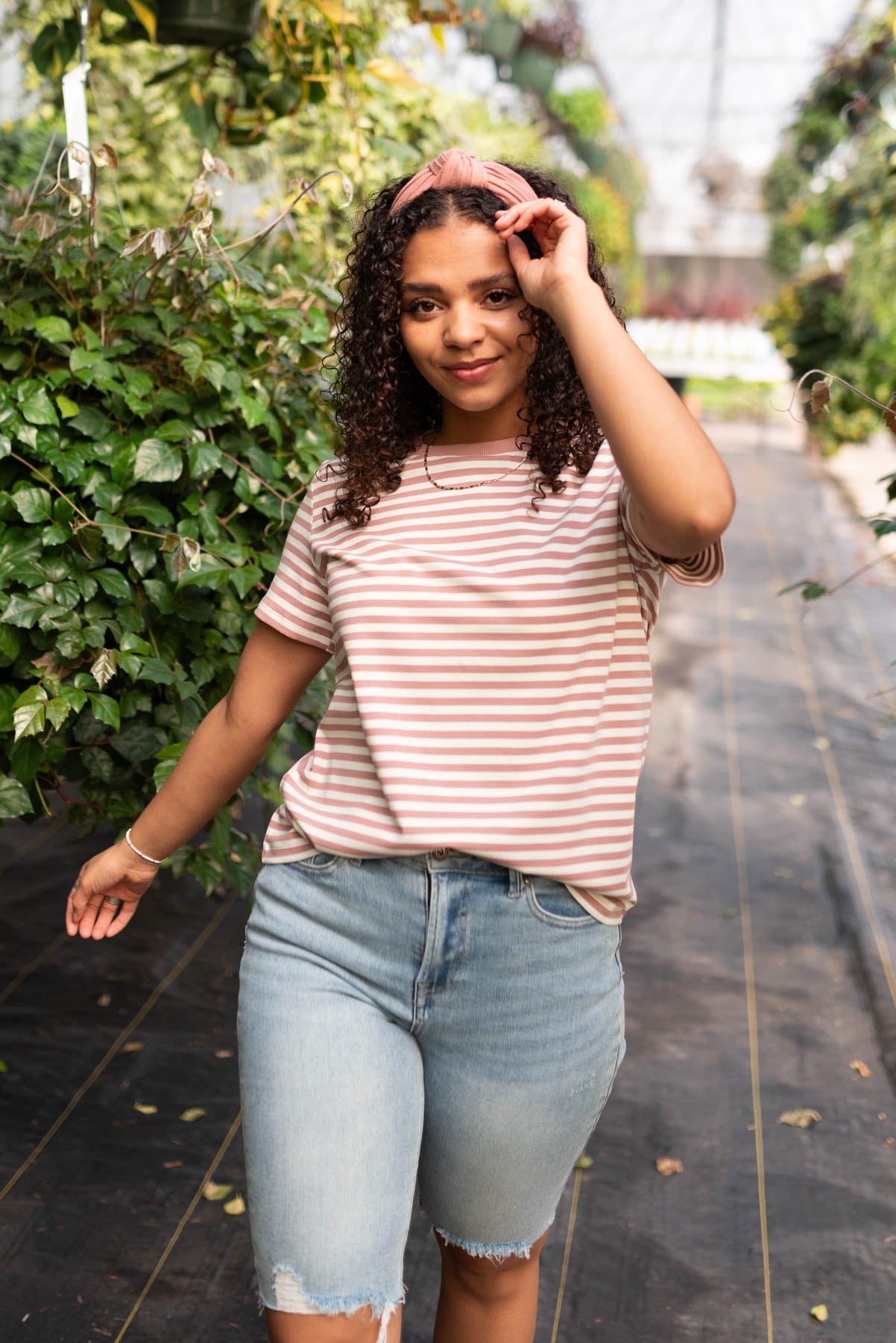 Blush stripe knit top with cream stripes