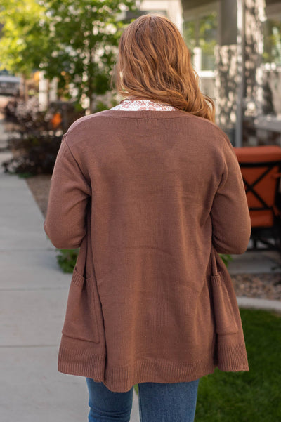Back view of a chocolate cardigan