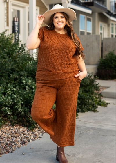Short sleeve plus size cinnamon top with quilted fabric