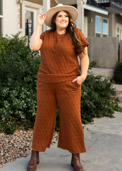 Front view of a plus size short sleeve cinnamon top
