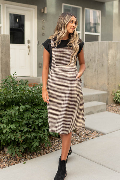 Mocha plaid dress with front pocket 