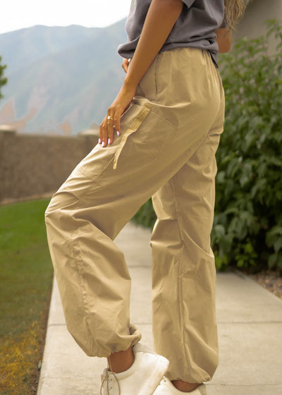 Side view of khaki pants with side pocket