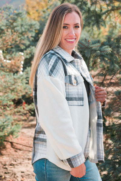 Sleeve view of the grey plaid shacket