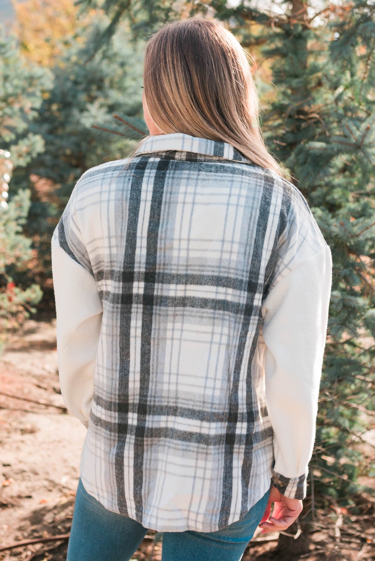 Back view of the grey plaid shacket