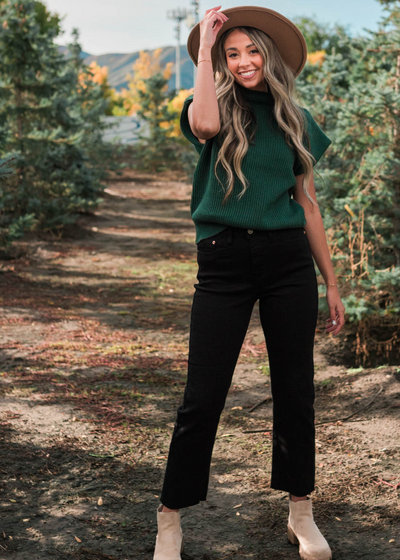 Short sleeve hunter green sweater with a turtleneck