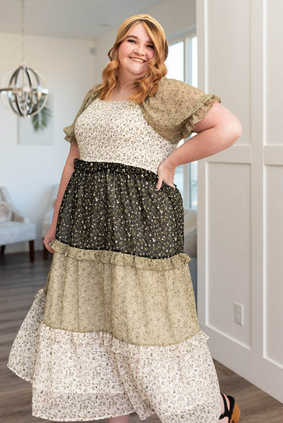 Plus size olive tiered dress with smocked bodice and square neck
