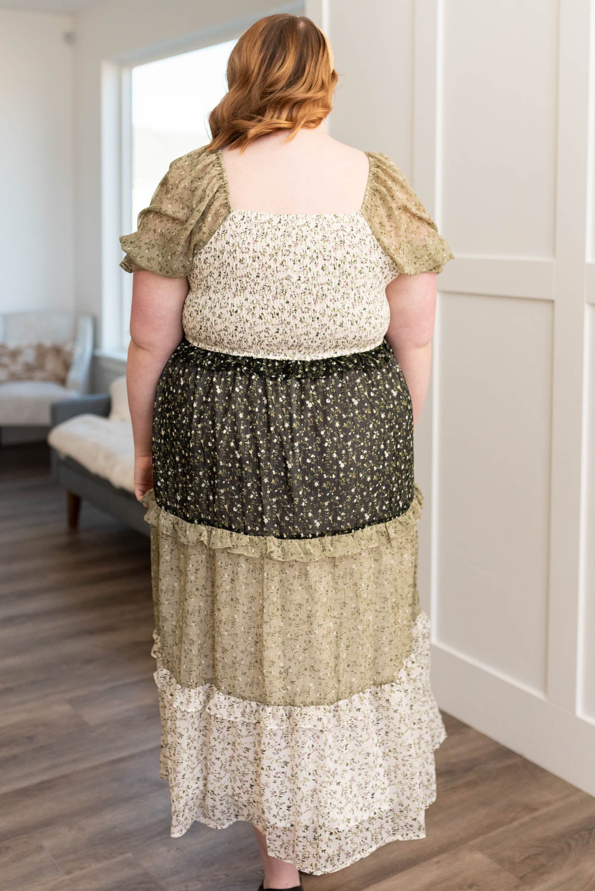 Back view of the olive tiered dress with square back