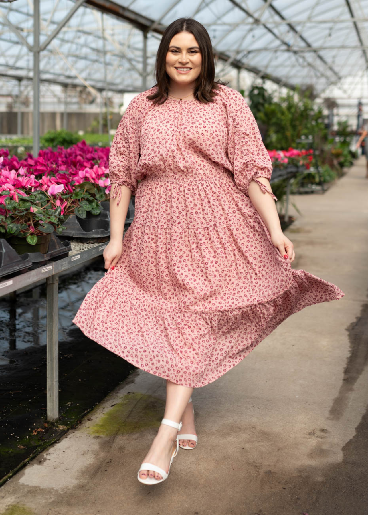 Plus size blush tiered dress with short sleeves