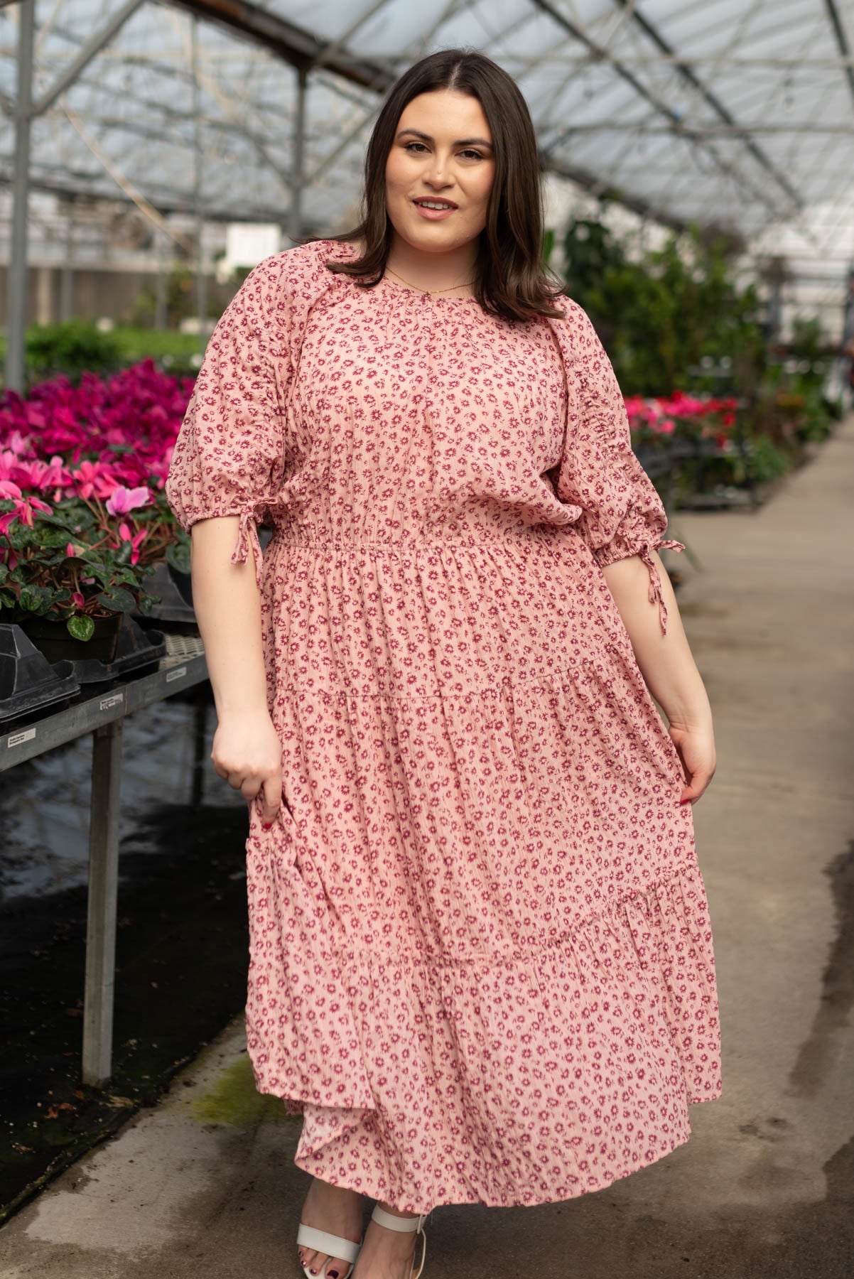 Plus size blush tiered dress that ties at the cuff