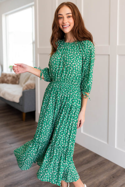 Green tiered dress with elastic waist