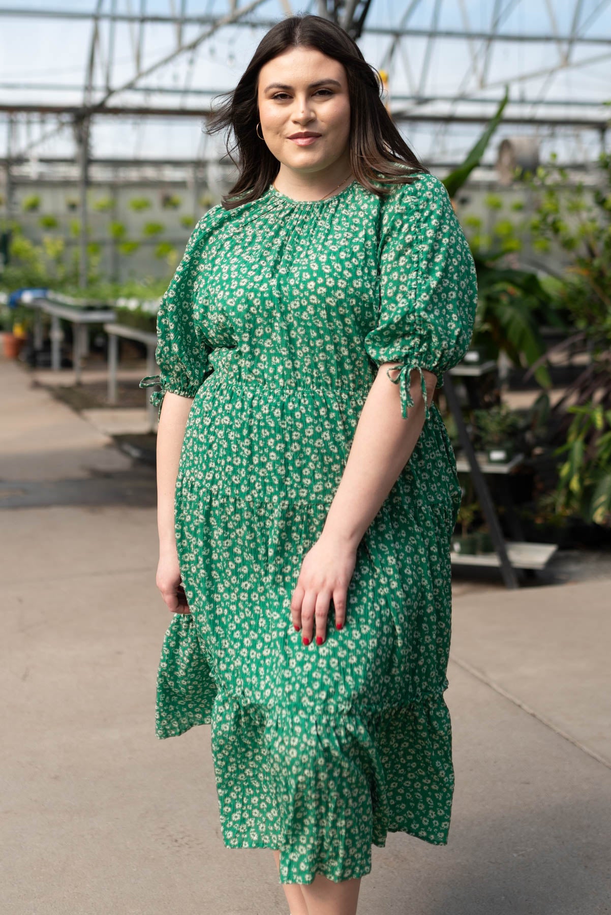 Plus size green tiered dress with short sleeves