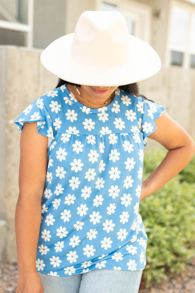 Cuff sleeve blue floral top