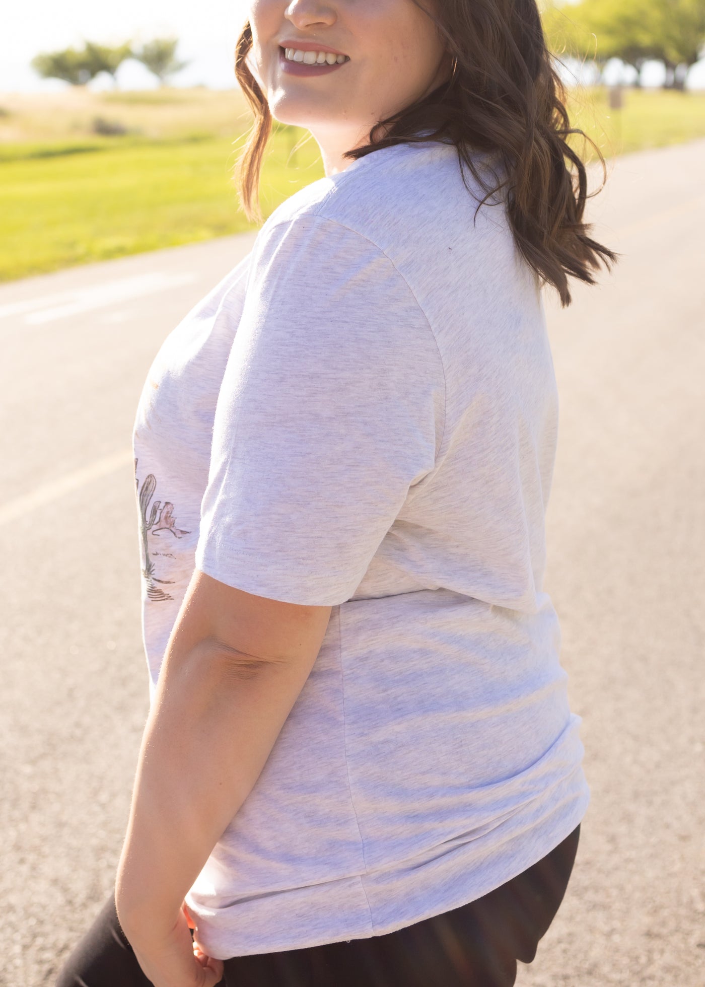 Side view of a route 66 ash grey tee