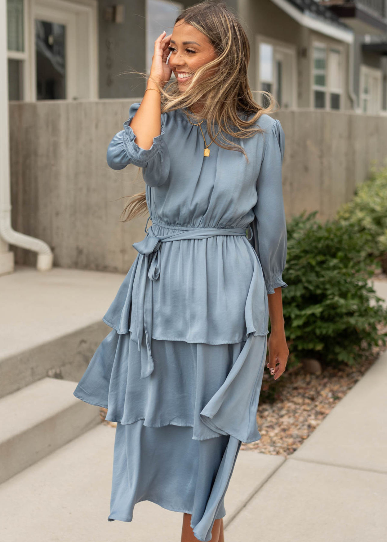 Dusty blue dress with tiers and 3/4 sleeves