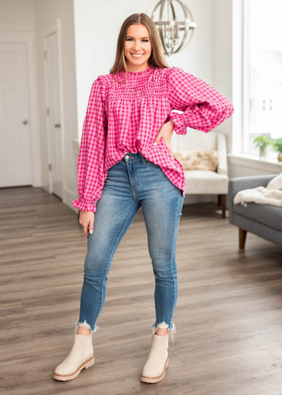 Pink fuchsia ruffle blouse with long sleeves
