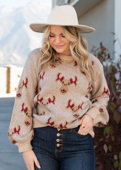 Front view of the Rudolph oatmeal knit sweater