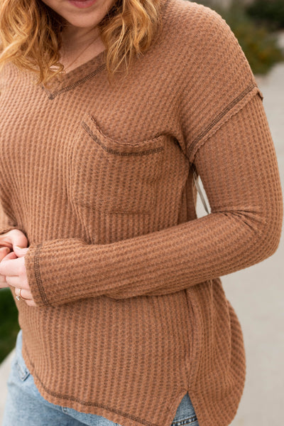 Close up of the fabric on a long sleeve mocha waffle top