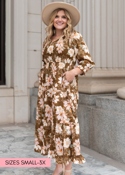 Long sleeve brown floral dress with pockets
