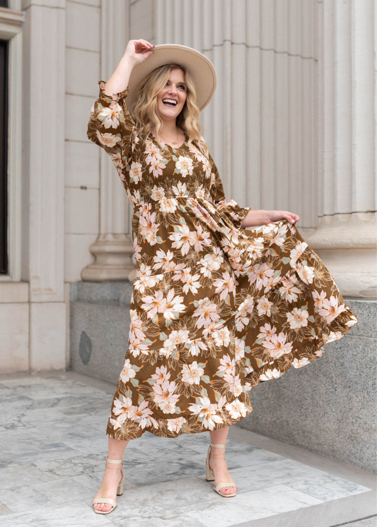 Brown floral dress with tiered skirt