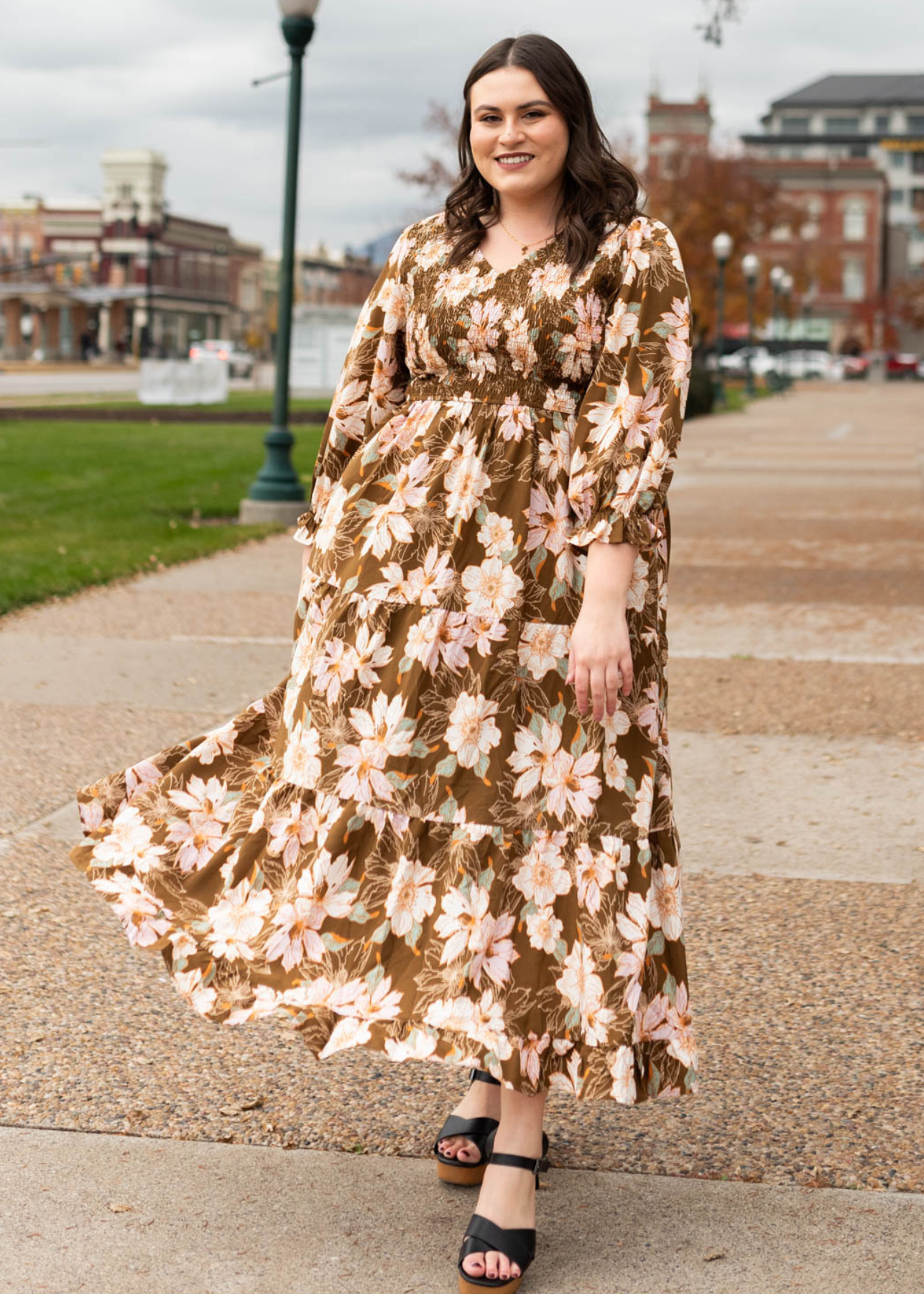 Long sleeve plus size brown floral dress