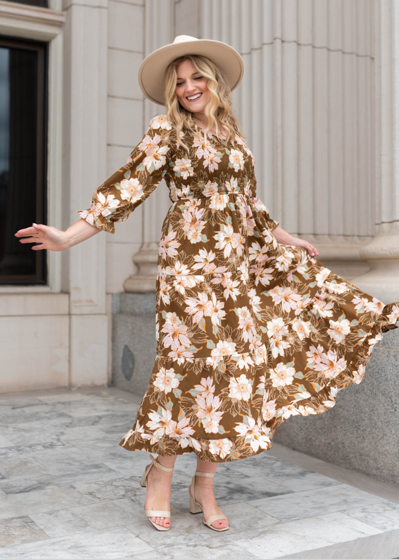 Brown floral dress with long sleeves