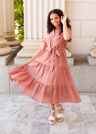 Short sleeve dark blush bow tie dress