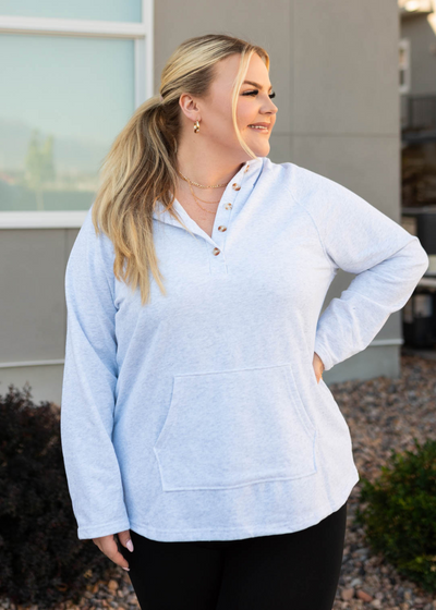 Plus size grey button hoddie with buttons at the neck