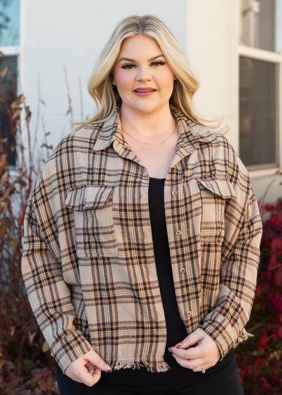 Long sleeve plus size plaid button down top