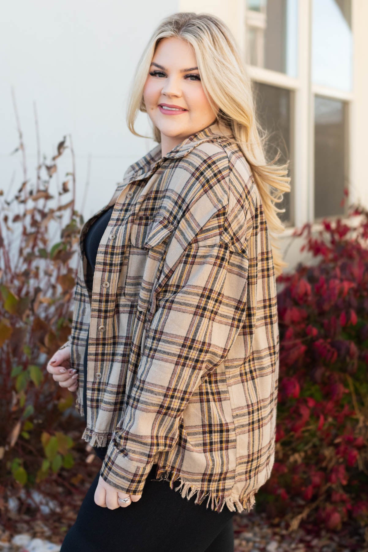 Side view of a plus size plaid button down top